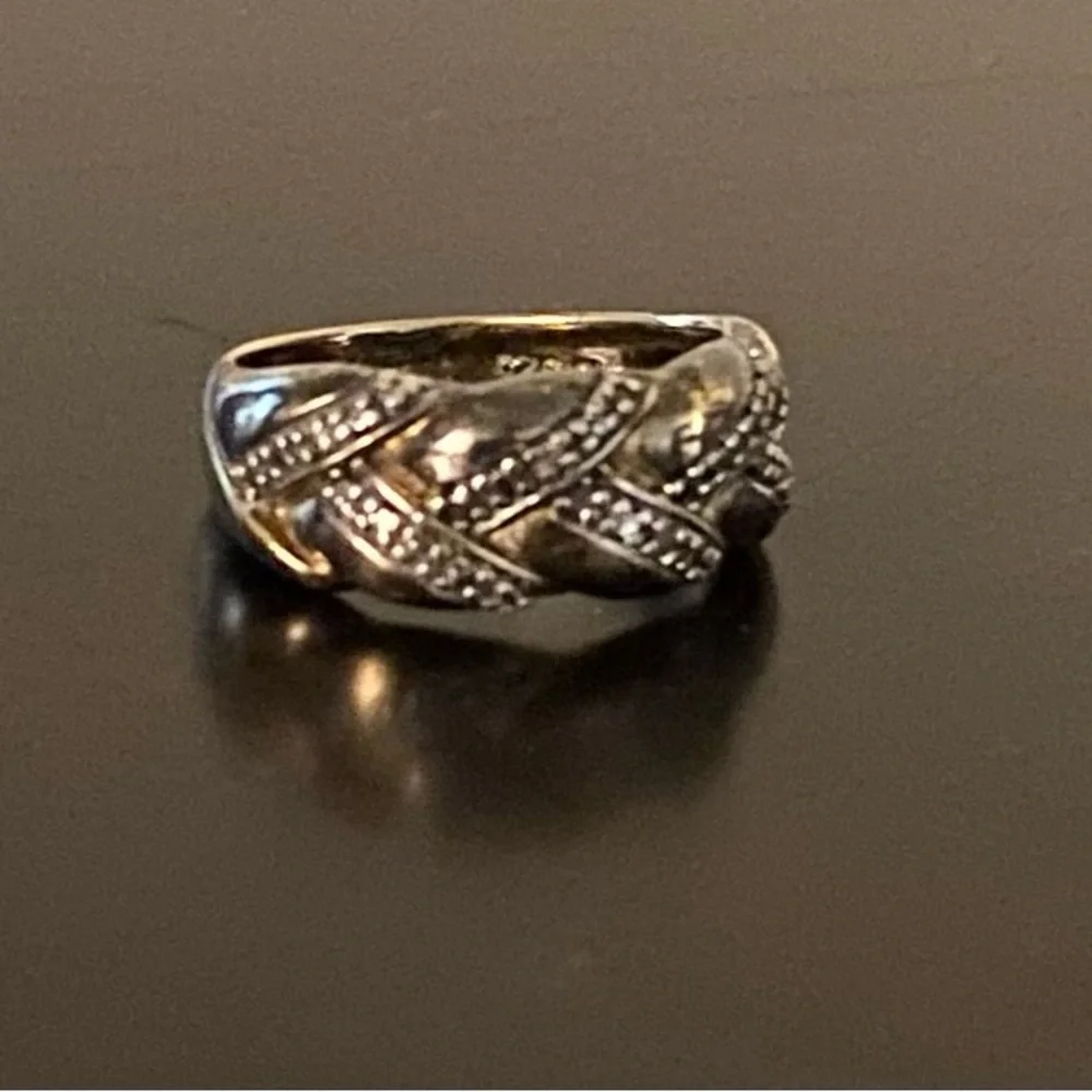 Bold .925 Sterling Silver Gold Vermeil Diamond Chip Band Ring | Size 6.5